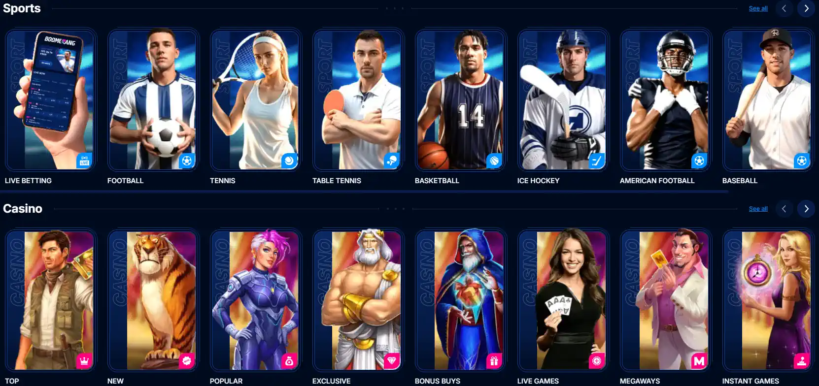 Interface de paris sportifs mobile Boomerang Bet et sélection de jeux.